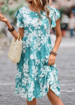 Blue Ruffle Floral Print Short Sleeve Dress