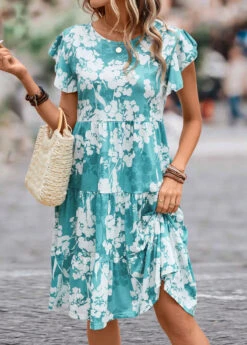 Blue Ruffle Floral Print Short Sleeve Dress 12 Blue Ruffle Floral Print Short Sleeve Dress -Modlily Shop 333073 P 16843932229633