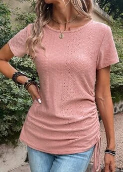 Pink Drawstring Short Sleeve Round Neck T Shirt -Modlily Shop 333079 P 16848398284035