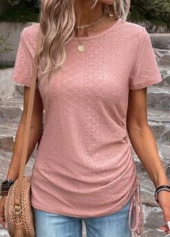 Pink Drawstring Short Sleeve Round Neck T Shirt