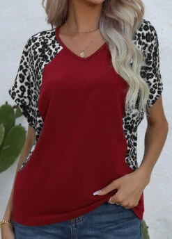 Wine Red Patchwork Leopard Short Sleeve T Shirt