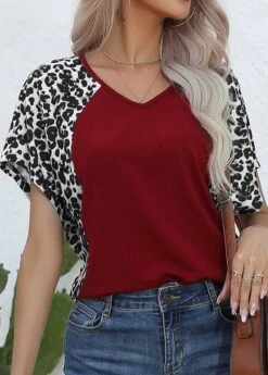 Wine Red Patchwork Leopard Short Sleeve T Shirt -Modlily Shop 333143 P 1682658698884