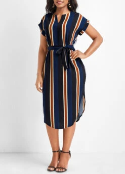Multi Color Split Striped Belted Dress -Modlily Shop 333149 P 16849174443525