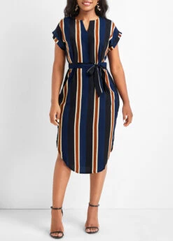 Multi Color Split Striped Belted Dress -Modlily Shop 333149 P 16849174449974