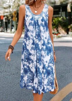 Blue Patchwork Tie Dye Print Shift Dress -Modlily Shop 333156 P 16844736779654