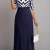 Navy Button Geometric Print Belted Maxi Dress