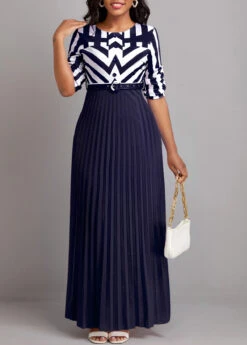 Navy Button Geometric Print Belted Maxi Dress