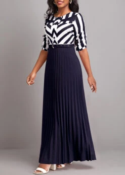 Navy Button Geometric Print Belted Maxi Dress 9 Navy Button Geometric Print Belted Maxi Dress -Modlily Shop 333164 P 16831997723932