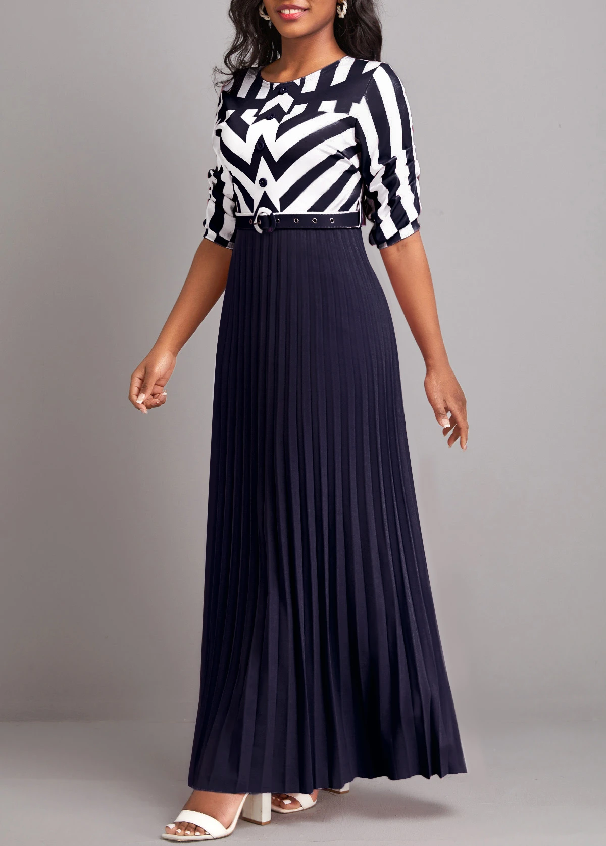 Navy Button Geometric Print Belted Maxi Dress 5 Navy Button Geometric Print Belted Maxi Dress - Image 3