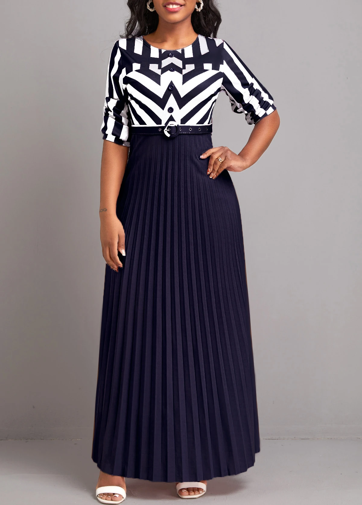 Navy Button Geometric Print Belted Maxi Dress 7 Navy Button Geometric Print Belted Maxi Dress - Image 5