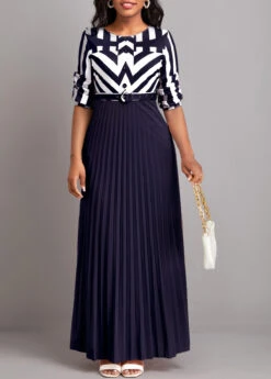 Navy Button Geometric Print Belted Maxi Dress 10 Navy Button Geometric Print Belted Maxi Dress -Modlily Shop 333164 P 16831997727723