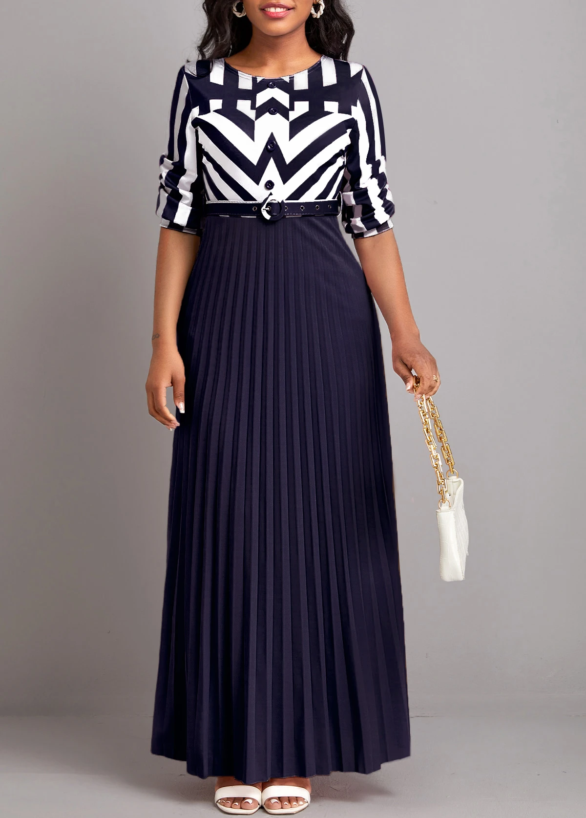 Navy Button Geometric Print Belted Maxi Dress 6 Navy Button Geometric Print Belted Maxi Dress - Image 4