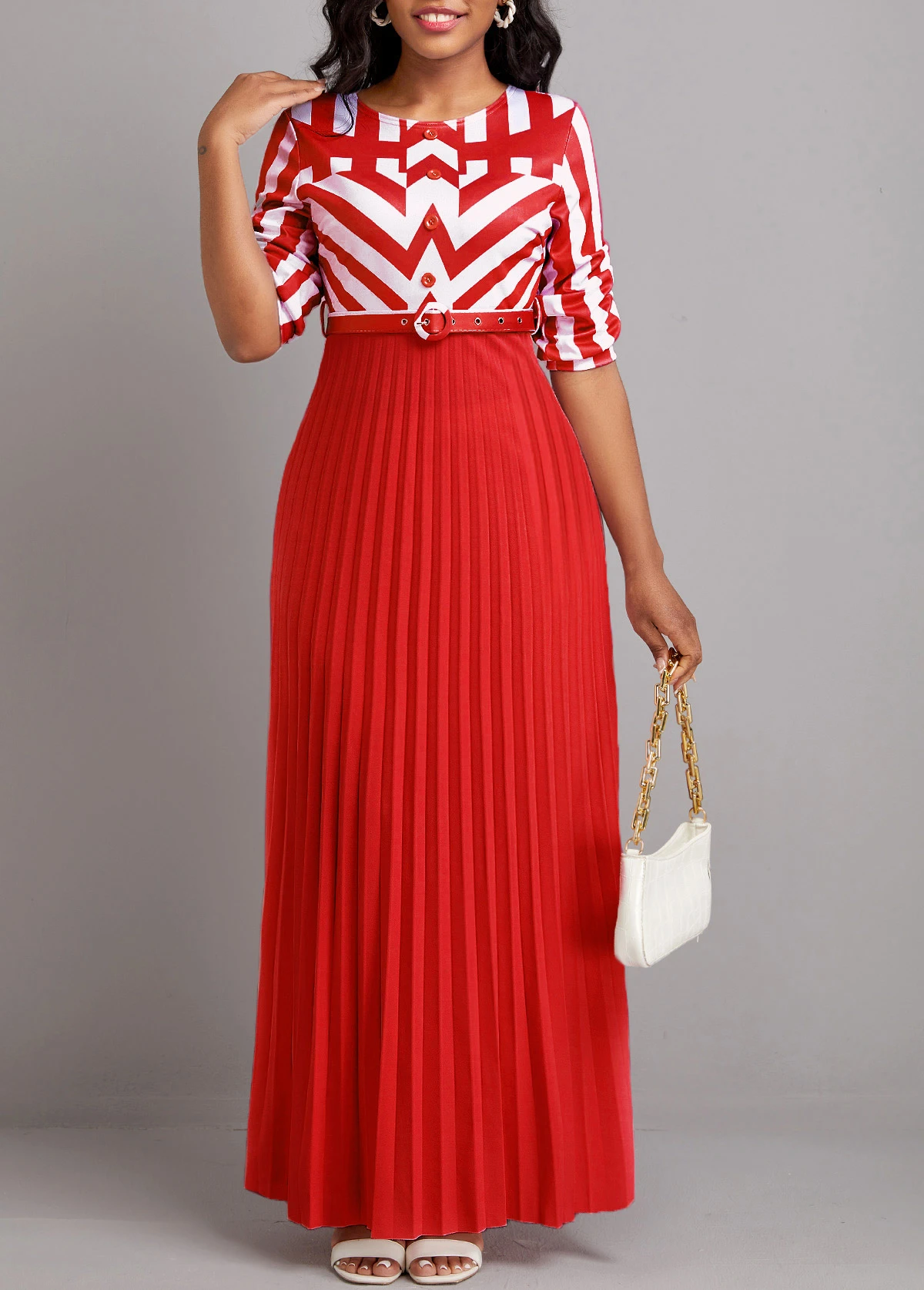 Red Button Geometric Print Belted Maxi Dress 3 Red Button Geometric Print Belted Maxi Dress