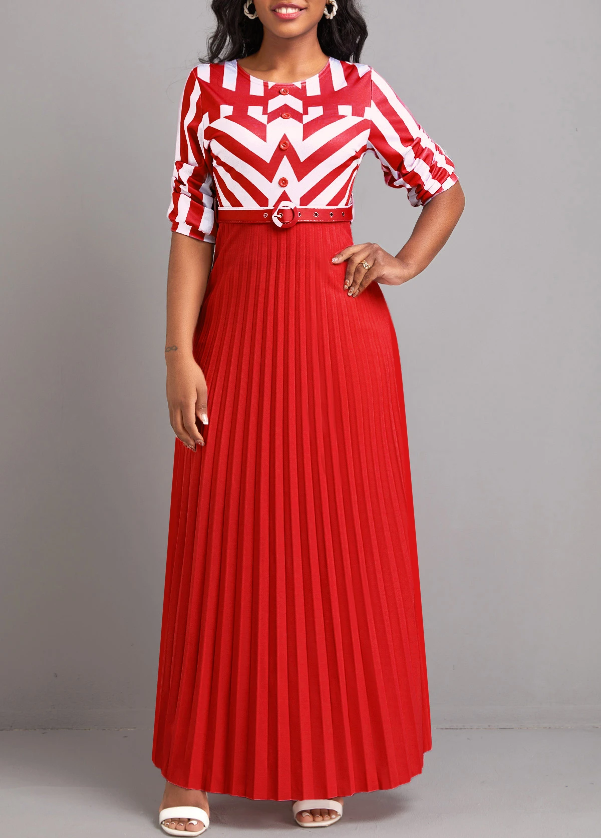 Red Button Geometric Print Belted Maxi Dress 7 Red Button Geometric Print Belted Maxi Dress - Image 5