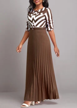 Dark Coffee Button Geometric Print Belted Maxi Dress -Modlily Shop 333167 P 16831997692072