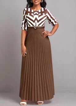 Dark Coffee Button Geometric Print Belted Maxi Dress -Modlily Shop 333167 P 16831997693134