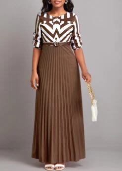 Dark Coffee Button Geometric Print Belted Maxi Dress -Modlily Shop 333167 P 16831997694193