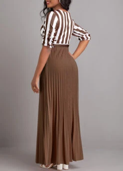 Dark Coffee Button Geometric Print Belted Maxi Dress -Modlily Shop 333167 P 16831997695561