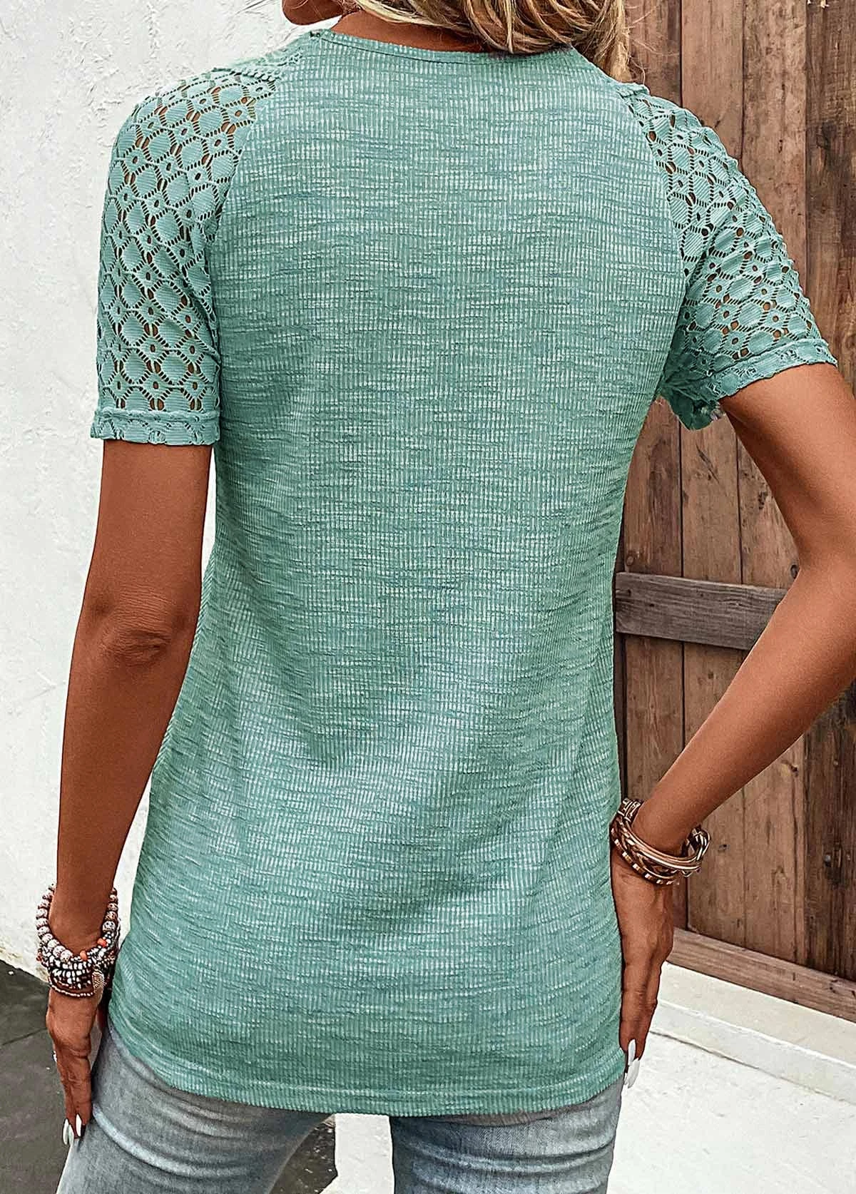 Green Lace Short Sleeve V Neck T Shirt 4 Green Lace Short Sleeve V Neck T Shirt - Image 2