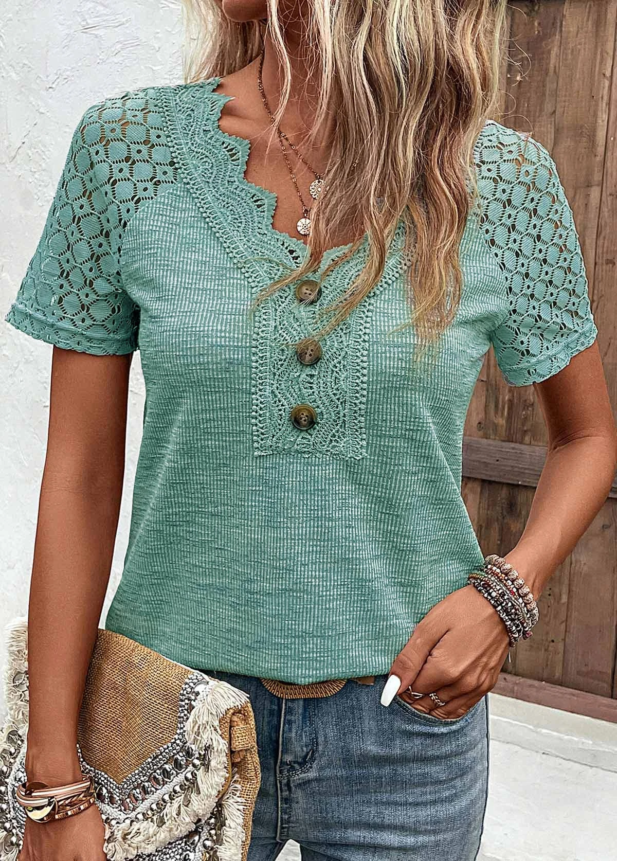 Green Lace Short Sleeve V Neck T Shirt 6 Green Lace Short Sleeve V Neck T Shirt - Image 4