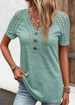 Green Lace Short Sleeve V Neck T Shirt 18 Green Lace Short Sleeve V Neck T Shirt -Modlily Shop 333182 P 16831997657854