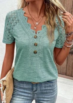 Green Lace Short Sleeve V Neck T Shirt 16 Green Lace Short Sleeve V Neck T Shirt -Modlily Shop 333182 P 16831997659232