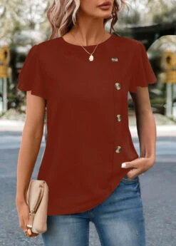 Brick Red Button Short Sleeve T Shirt