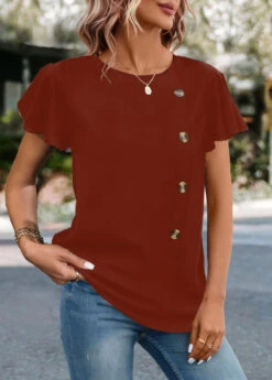 Brick Red Button Short Sleeve T Shirt -Modlily Shop 333188 P 1683179537543