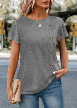Grey Button Short Sleeve Round Neck T Shirt