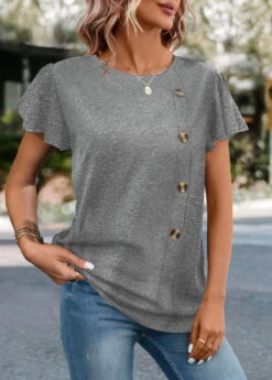 Grey Button Short Sleeve Round Neck T Shirt -Modlily Shop 333190 P 1683179570016