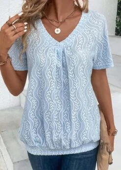 Light Blue Ruched Short Sleeve T Shirt -Modlily Shop 333209 P 16866397071570