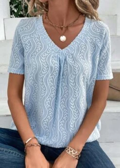Light Blue Ruched Short Sleeve T Shirt -Modlily Shop 333209 P 16866397074242