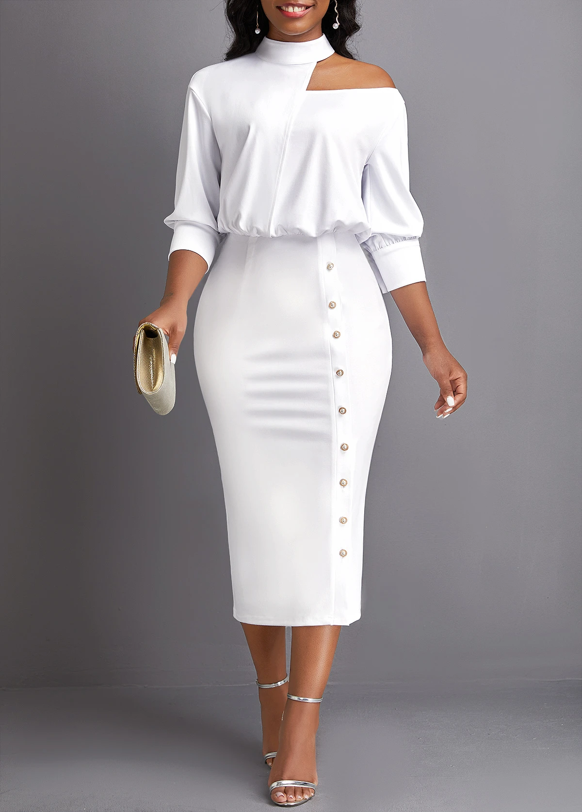 White Asymmetry Three Quarter Length Sleeve Bodycon Dress 3 White Asymmetry Three Quarter Length Sleeve Bodycon Dress