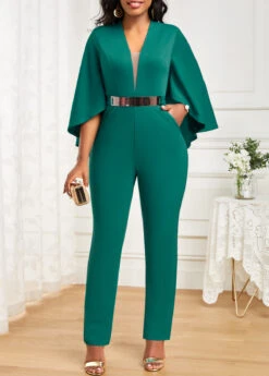 Green Pocket Ankle Length Half Sleeve Jumpsuit -Modlily Shop 333334 P 16890401820363