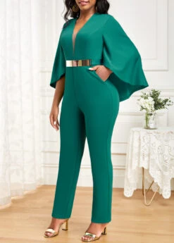 Green Pocket Ankle Length Half Sleeve Jumpsuit -Modlily Shop 333334 P 16890401822724
