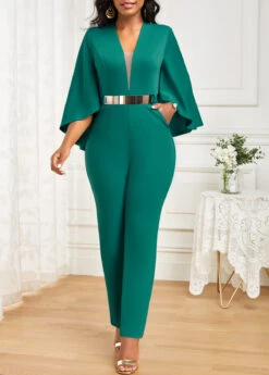 Green Pocket Ankle Length Half Sleeve Jumpsuit