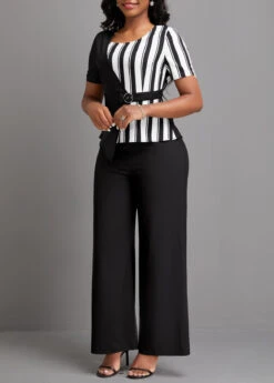 Black Patchwork Striped Ankle Length Short Sleeve Jumpsuit -Modlily Shop 333338 P 16866562002004