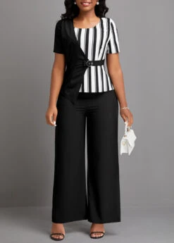 Black Patchwork Striped Ankle Length Short Sleeve Jumpsuit