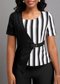 Black Patchwork Striped Ankle Length Short Sleeve Jumpsuit -Modlily Shop 333338 P 16866562008065