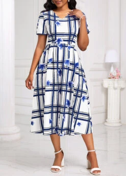 White Cut Out Geometric Print Short Sleeve Dress -Modlily Shop 333346 P 16873117724414