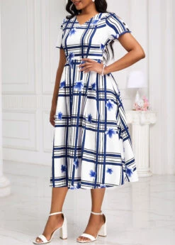 White Cut Out Geometric Print Short Sleeve Dress -Modlily Shop 333346 P 16873117729362