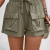 Olive Green Pocket Elastic Waist High Waisted Shorts -Modlily Shop 333366 P 16856094171110