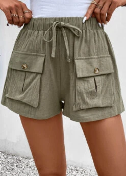 Olive Green Pocket Elastic Waist High Waisted Shorts -Modlily Shop 333366 P 16856094174564