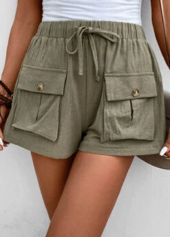 Olive Green Pocket Elastic Waist High Waisted Shorts -Modlily Shop 333366 P 16856094175915