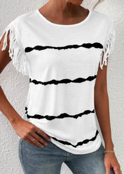 White Tassel Striped Short Sleeve T Shirt -Modlily Shop 333369 P 16859668801822