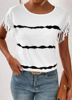 White Tassel Striped Short Sleeve T Shirt -Modlily Shop 333369 P 16859668802504