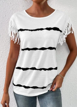 White Tassel Striped Short Sleeve T Shirt -Modlily Shop 333369 P 16859668804703