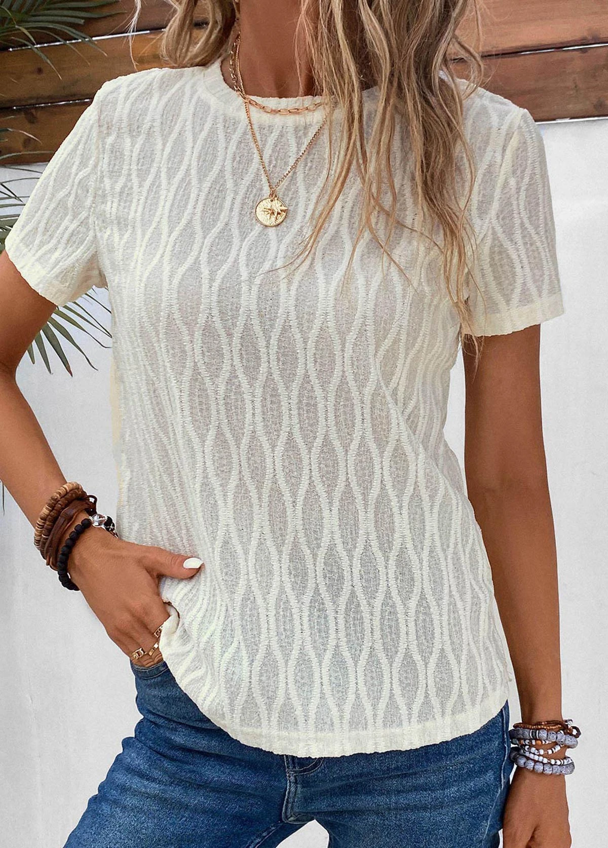 Beige Lightweight Short Sleeve Round Neck T Shirt 5 Beige Lightweight Short Sleeve Round Neck T Shirt - Image 3