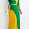 Green Pleated Belted Half Sleeve Maxi Dress -Modlily Shop 333421 P 16885455210940