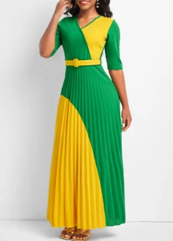 Green Pleated Belted Half Sleeve Maxi Dress -Modlily Shop 333421 P 16885455211552
